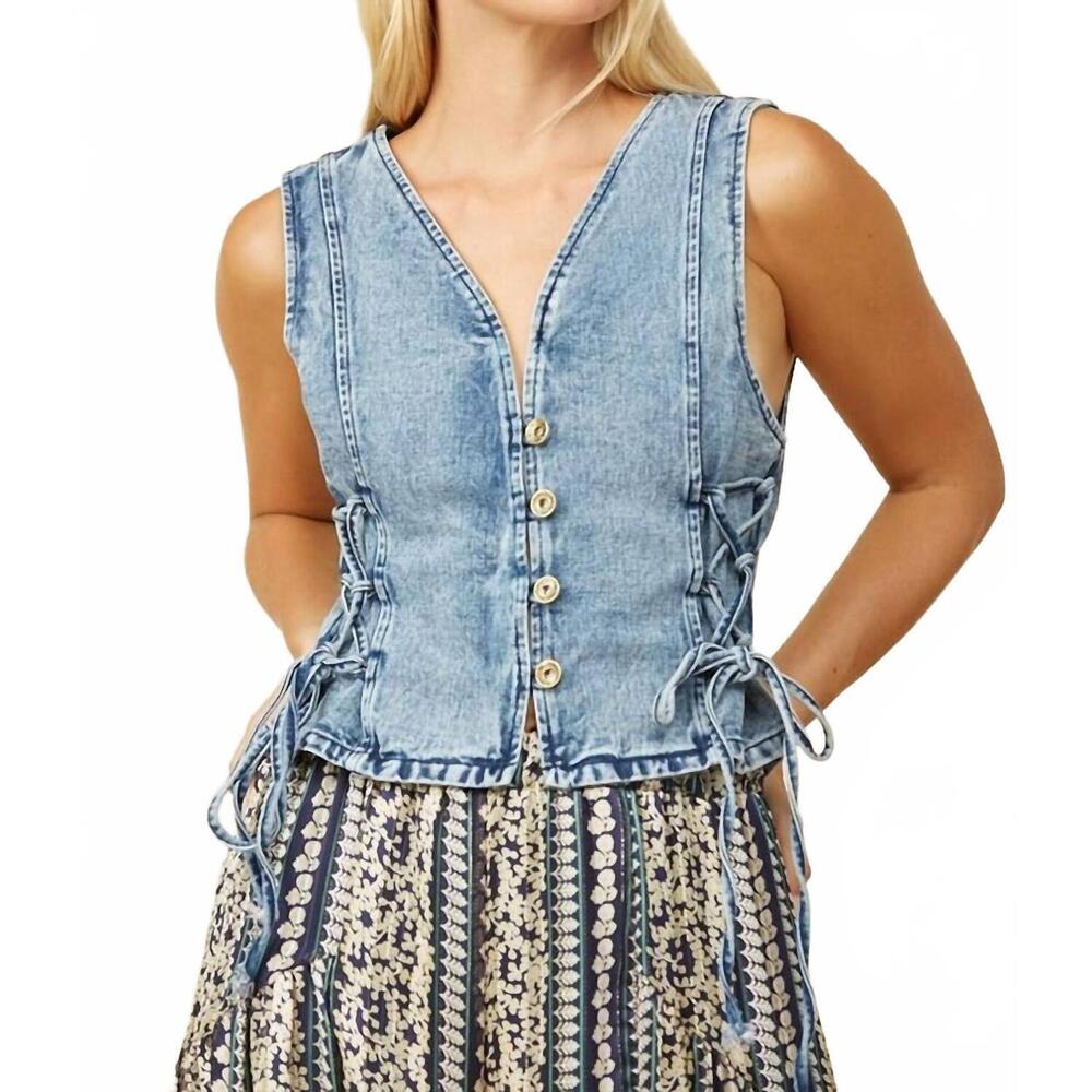 NEW WISTERIA LANE denim vest top with lace up detail in blue